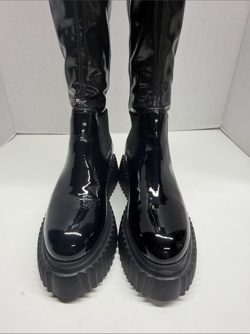 AGL Over The Knee Boots Tall Pull On Patent Shiny Leather Stretch Black Size 6.5 - Picture 3 of 9